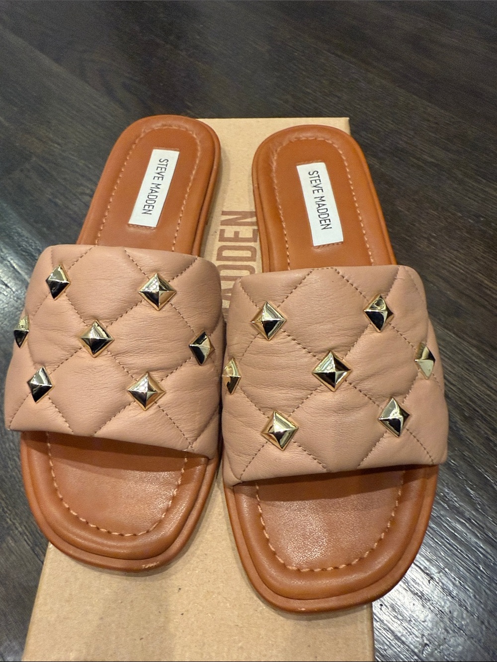 Steve Madden Tan Quilted Slide Sandals with Gold Studs
